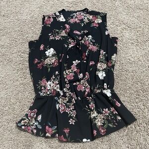 Nuna Lie Mika Blouse Womens Medium Black Floral Sleeveless Tie Neck Peplum Italy
